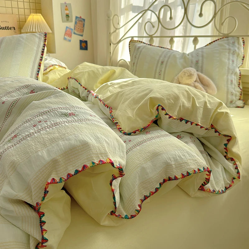 Cyflymder  100% Cotton Yarn-dyed Jacquard Floral Bedding Set Single Queen King Size Duvet Cover Bed Sheet/Fitted Sheet Pillowcases 3/4Pcs