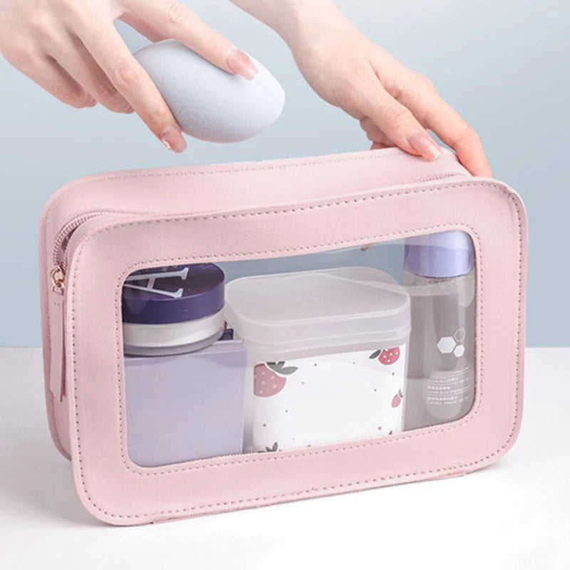 Cyflymder Women PU Makeup Bag Traveling Cosmetic Bag Clear Toiletry Bag Skincare Products Organizer Portable Size Toiletries Storage