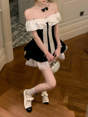 Cyflymder  French Sweet Polka Dot Off-the-shoulder Dress Women Ruched Princess Dress Cute Sweet Party Mini Dresses Aesthetic Slim Clothing
