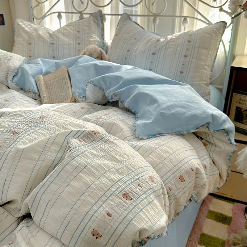 Cyflymder  100% Cotton Yarn-dyed Jacquard Floral Bedding Set Single Queen King Size Duvet Cover Bed Sheet/Fitted Sheet Pillowcases 3/4Pcs