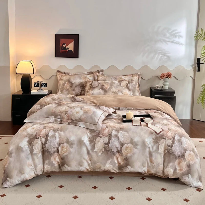 Cyflymder  100% Cotton Flowers Print Luxury Bedding Set Single Double Queen King Size Duvet Cover Flat/Fitted Bed Sheet Pillowcases 3/4Pcs