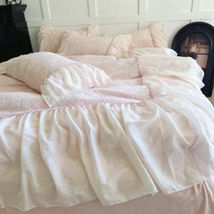 Cyflymder  Pink Princess Lace Ruffles Flowers Carved Velvet Warm 4Pcs Bedding Set Duvet Cover Bed Sheet/Fitted Sheet/Bed Skirt Pillowcases