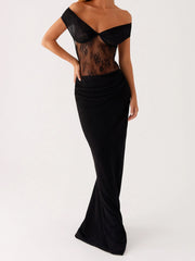 Cyflymder  Elegant Off Shoulder Lace Evening Gown with  V Neckline and Open Back for Women s Formal Party Wear