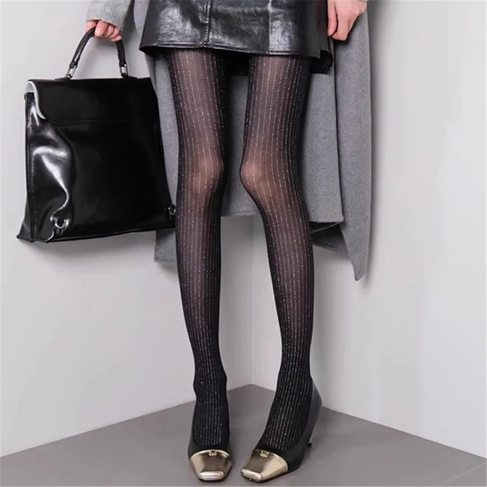 Cyflymder  Women Glitter Pinstripe Tights Sheer Full Length Footed Pantyhose Vertical Stripe Stockings for Autumn Winter Party Outfits 2026