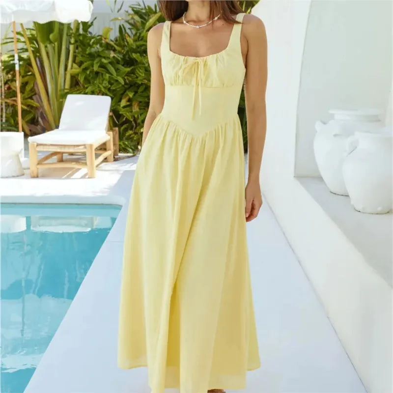 Cyflymder  Elegant Long Dress For Women Lace Up Sleeveless Square Neck Dresses 2025 New Summer Chic Casual Simple Vacation Beach Midi Dress