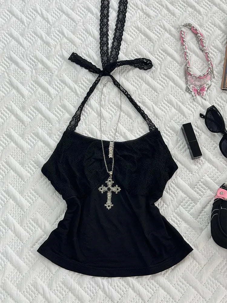 Cyflymder   Sexy Black Strap Stripe Top Unique Design Retro Style Cotton Vest for Young Women Trendy Casual Wear Spring Season Chinese Brand