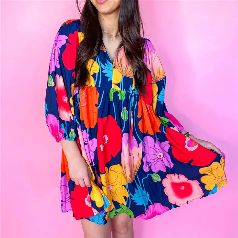 Cyflymder  Boho Summer Floral Sundresses Y2k T-Shirt Mini Dresses for Women Casual Flowy Puff Sleeve Beach Short Babydoll Dress