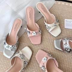 Cyflymder  Fashion Glitter Luxury High Heels Slippers Women Slip on Open Toe Summer Slippers Woman Stiletto Heels Party Shoes 756