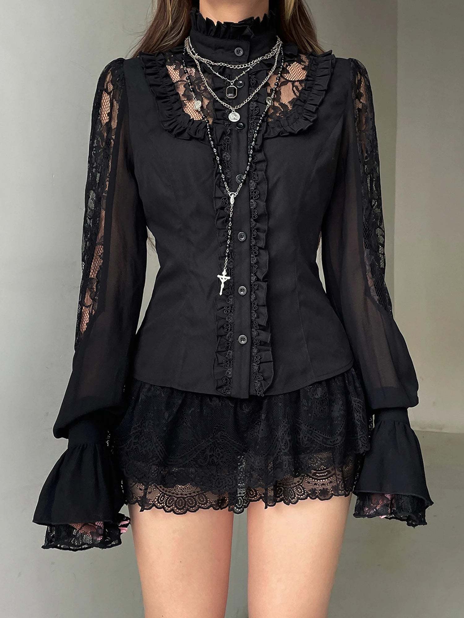 Cyflymder  Elegant Floral Embroidered Blouse Stylish V-Neck Long Sleeve Button Down Shirt Casual  Fit Lace Patchwork Top for Women