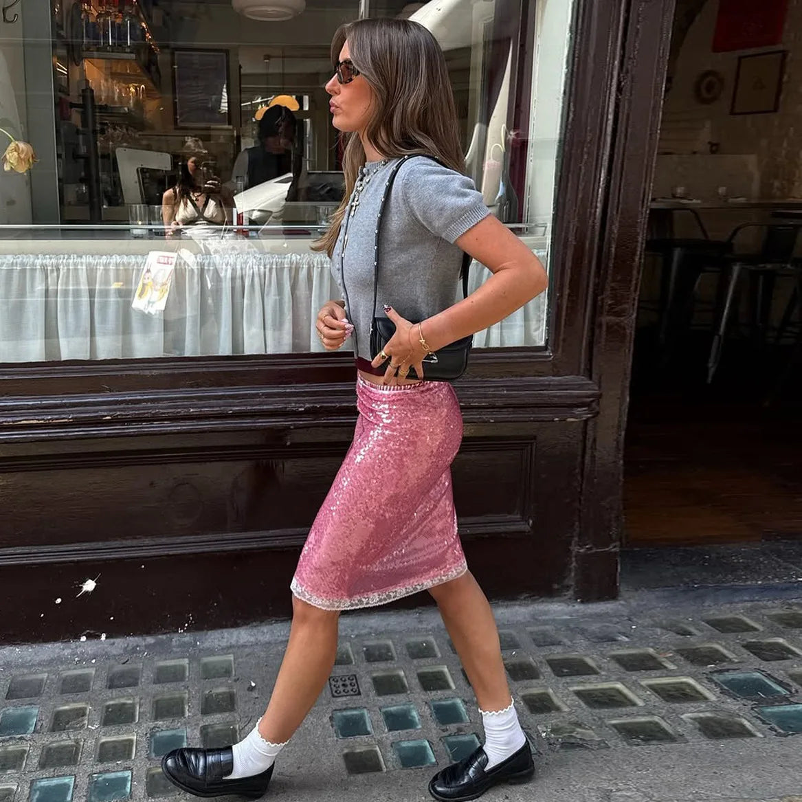Cyflymder  Pink Glitter Skirts Women Fashion Sexy Sequins See Through Slim Skirts 2025 new summer Vintage Y2k Hot Girls Party Club Skirts