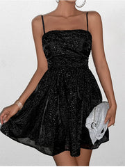 Cyflymder  Women's Sexy Backless Tie Up Sequin Cami Mini Dress Sleeveless Double Layer Mesh Fashion Club Party Short Dresses Black