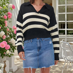 Cyflymder  y2k Striped Sweater Women Aesthetic Clothing Lapel V Neck Long Sleeve Loose Crop Tops Fall Winter Clothes Streetwear