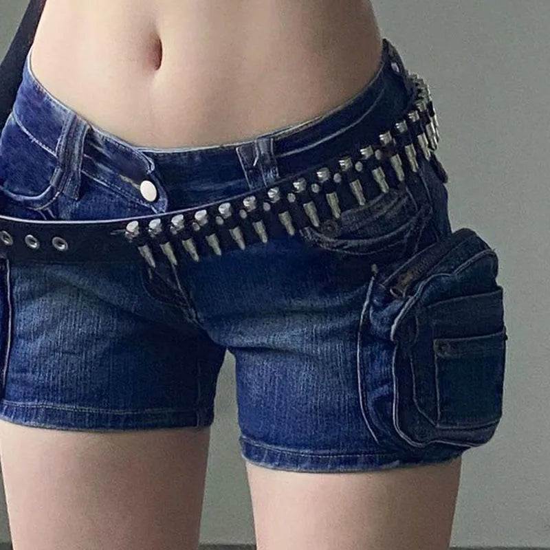 Cyflymder  Motorcycle Style 3D Pockets Ultrashort Jeans Women Sexy Low-Waisted Tight Denim Shorts Woman Streetwear Trendy Y2K Jean Shorts