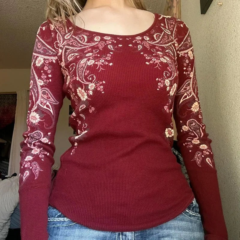 Cyflymder  Euramerican Fashion Constrast Color Flower Print O Neck Long Sleeve T Shirt Y2k Autumn Casual Basic Women Clothes Punk Clothes