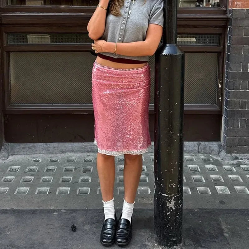 Cyflymder  Pink Glitter Skirts Women Fashion Sexy Sequins See Through Slim Skirts 2025 new summer Vintage Y2k Hot Girls Party Club Skirts
