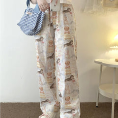 Cyflymder  Sweet Lolita Style Cartoon Dog Print Pants Women Y2k Aesthetic Lace-up Wide Leg Trousers Harajuku Casual Loose Kawaii Sweatpants