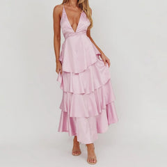 Cyflymder  Cocktail Party Dress Sexy Women Solid Color V Neck Sleeveless Backless Tie-up Layered Long Dress Evening Party Dresses
