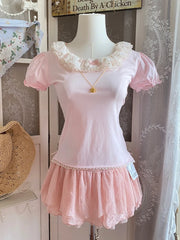 Cyflymder  Sweet T-Shirts Women Summer Pink Tshirt Lace Trim Collar Puff Sleeve Bow Decoration Cute Tops Tee Kawaii Clothes