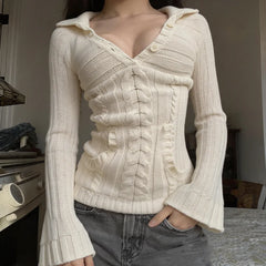Cyflymder  Cream Lapel V Neck Knit Top, Cable Knit Texture, Slim Fit, Flare Long Sleeve, Y2K Vintage Solid Sweater for Women