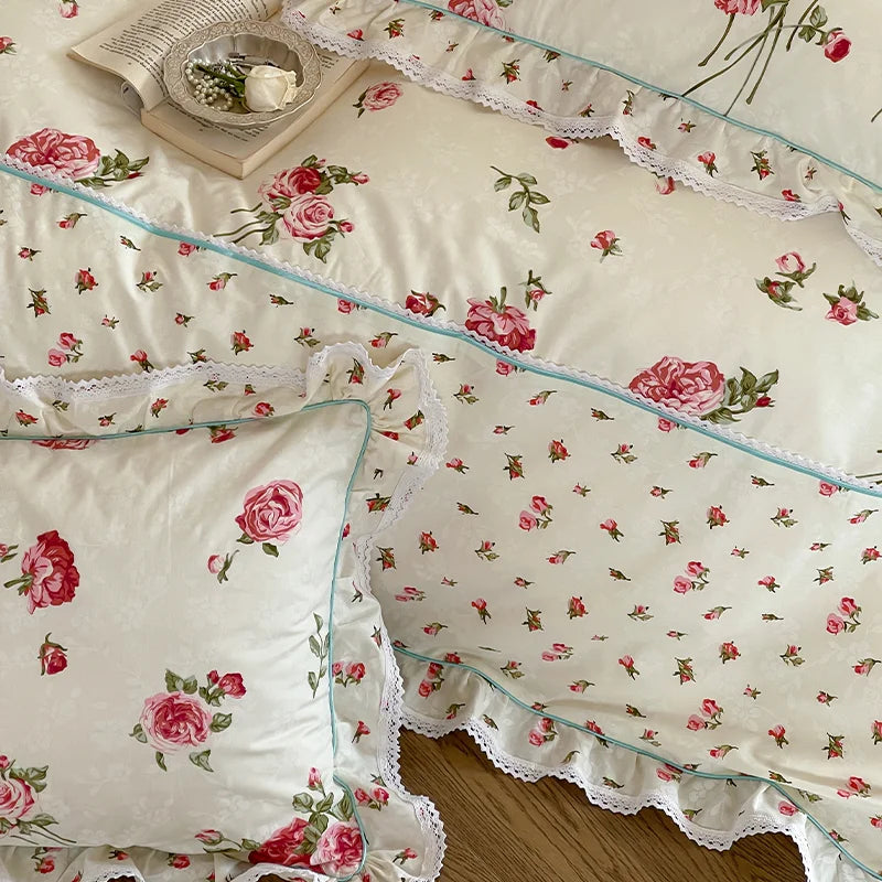 Cyflymder  Rustic Vintage French Rose Floral Ruffles 100% Cotton Bedding Set Duvet Cover Set Flat/Fitted Bed Sheet Pillowcases 4Pcs