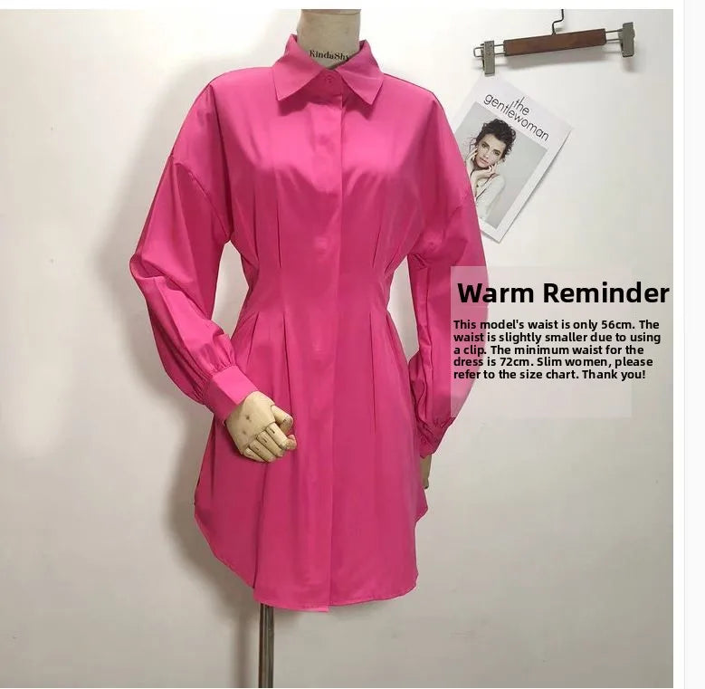 Cyflymder  Faionable Loose Long Sve Women's irt Waist-Cinching Midi Dr Trendy Street Sle Pure Color  Collar Button Detail