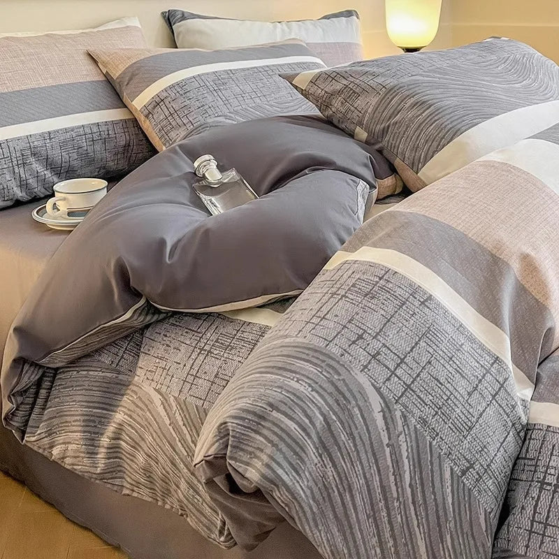 Cyflymder  Simple Nordic Pure Cotton Striped Bedding Set Naked Sleeping Comfortable Duvet Cover Set Fitted Sheet Kit for Single and Double