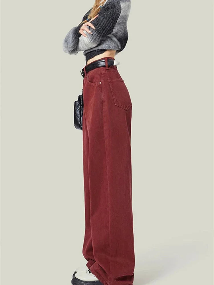 Cyflymder Women's Street Style Wide Leg Red Jeans American Vintage Casual Denim Trousers Female High Waist Loose Straight Pants