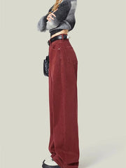 Cyflymder Women's Street Style Wide Leg Red Jeans American Vintage Casual Denim Trousers Female High Waist Loose Straight Pants