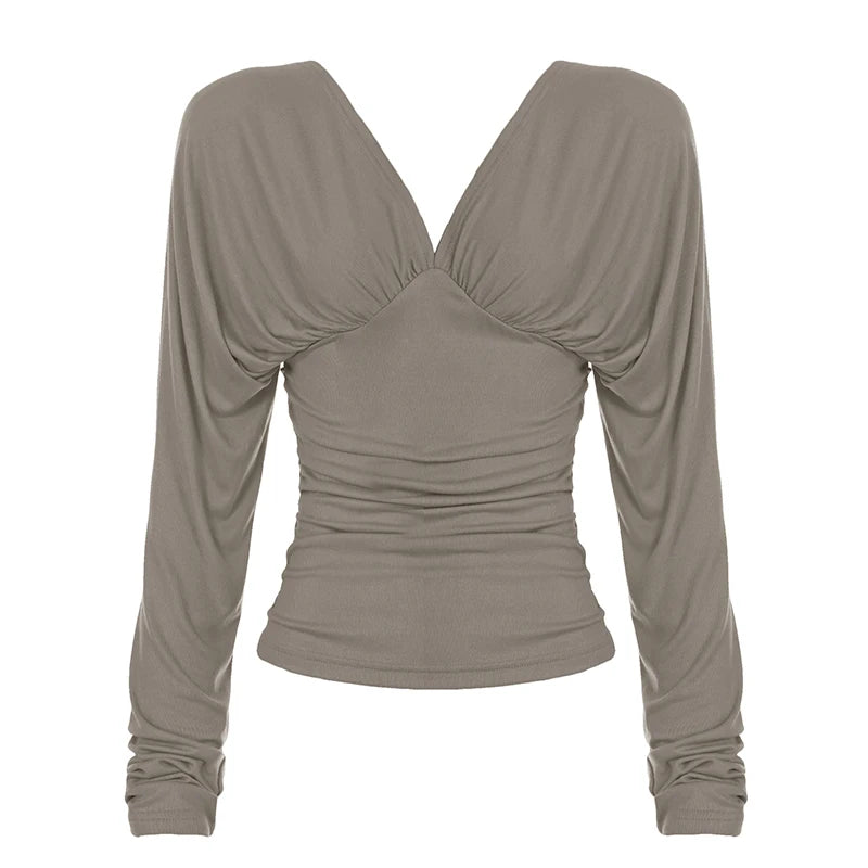 Cyflymder   Fashion Folds V-neck Solid Long Sleeve T-shirts Women Chic Slimming Waist Versatile Crop Tops Autumn Basic Backless Clothes