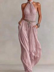 Cyflymder   Bohemian Halter Hollow Vacation Jumpsuit Spring Solid Backless Pleated Women's Rompers Summer Sleeveless Wide Leg Pants Overalls