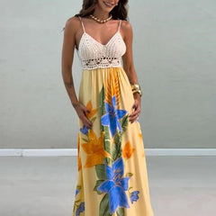 Cyflymder  Sexy Off Shoulder Crochet Hollow Suspender Dress Fashion Sleeveless Hollow Beach Long Dress Elegant Backless Printed Swing Dress