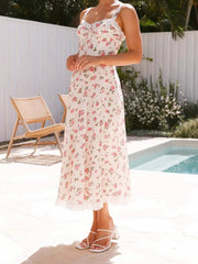 Cyflymder  Elegant Maxi Dress with Floral Print and Lace Trim Sleeveless A-Line Dress for Women Perfect for Summer Fashion