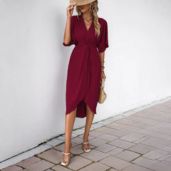 Cyflymder  V-neck Irregular Pleated Casual Temperament Short Sleeve Dresses Temperament Commuter Wrap Type Kinky V-neck Dresses ropa mujer