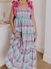 Cyflymder  Elegant Sleeveless Maxi Dress with Tie-Shoulder Detail and Ruffled Trim in Chic Plaid Pattern for Women s Fashion