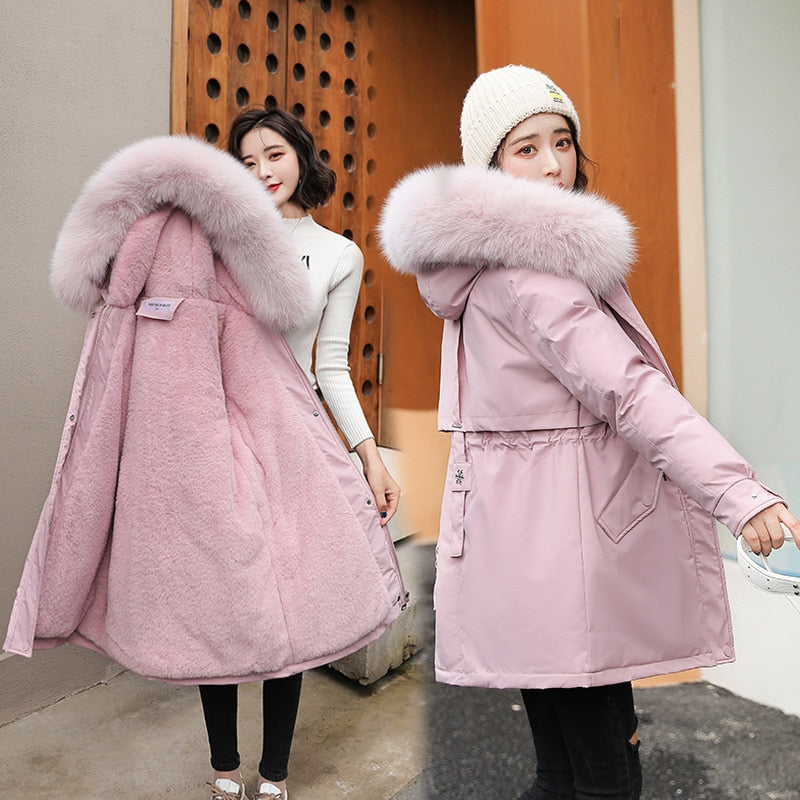 Cyflymder Women Parka Fashion Long Coat Wool Liner Hooded Parkas New Winter Jacket Slim with Fur Collar Warm Snow Wear Padded Clothes
