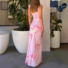 Cyflymder  Summer Elegant Sleeveless Slim Vacation Dress Fashion High Waist Pleated Dresses Temperament V-neck Floral Printed Evening Dress