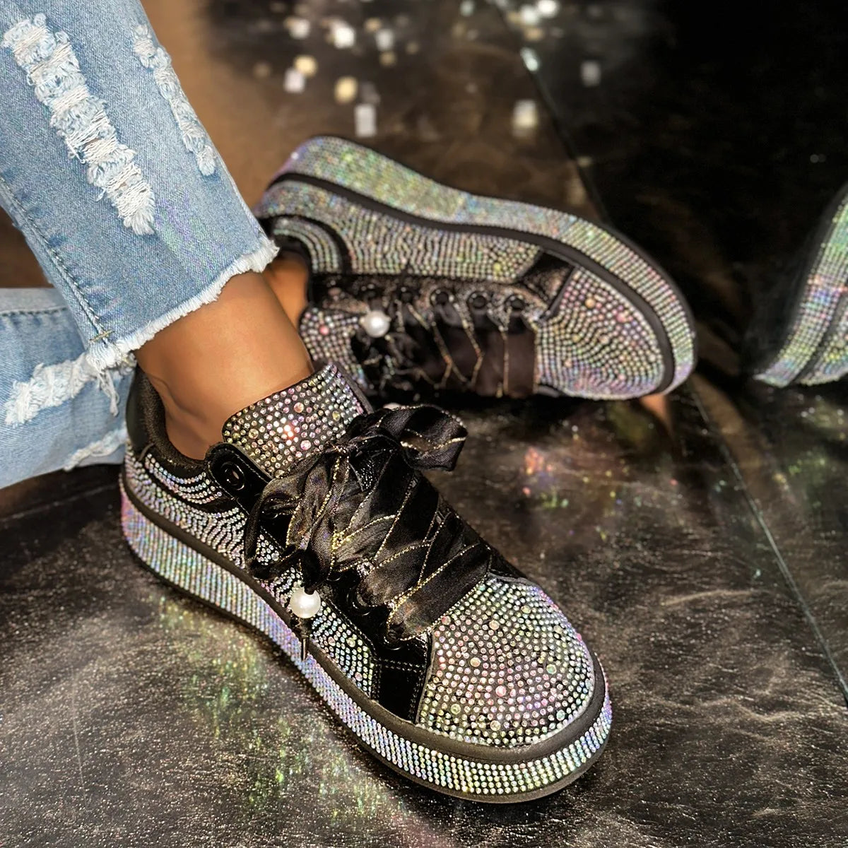 Cyflymder   Plus-size Starry Sky Rhinestone Casual Women's Shoes Spring and Autumn New Lace-up Sneakers Versatile and Fashionable