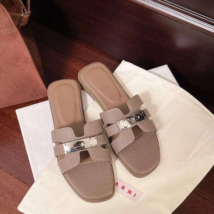 Cyflymder  Women's Flat Shoes Barefoot Outside Woman Pu Cross Belt Slippers Women Metal Decoration Sandals Summer Ladies Fashion Shoe