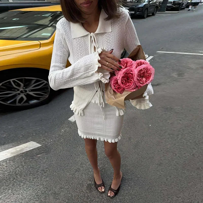 Cyflymder  Casual Knitted Ruffle Shirt Skirt Set Women Full Sleeve Lapel Lace Up Shirts Slim Mini Skirts Female 2025 Summer Fall Lady Suits