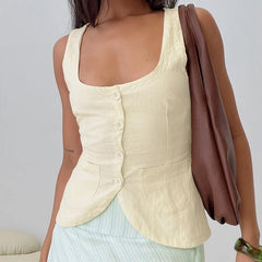 Cyflymder  Women Elegant Vintage Tank Top Button Down Sleeveless Shirt Vest Square Neck Slim Fit Crop Tops Going Out Workwear