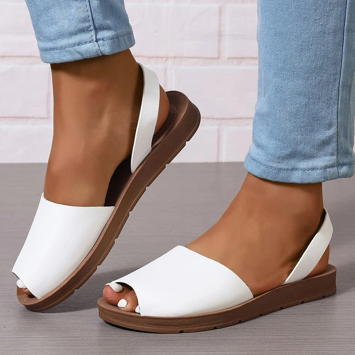 Cyflymder  Women's Peep Toes Back Strap Sandals Woman 2.5 cm Flat Shoes Summer Ladies Barefoot Slip on Sandal White Black 42 43