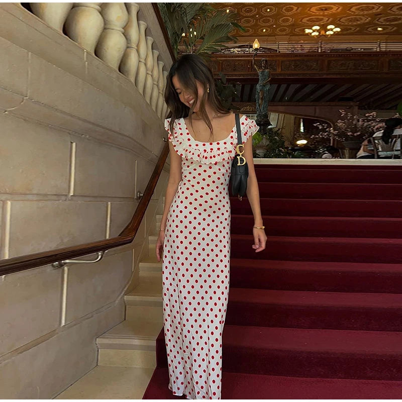 Cyflymder  Slash Neck Polka Dot Printed Dress Women Color Blocking Design Elegant Fashion Casual Robe Versatile Off Shoulder Flounce Dress