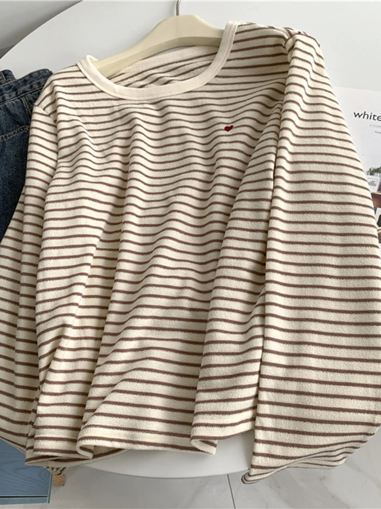Cyflymder  Love Embroidery Striped Sweatshirt Women Casual O Neck Cute Pullovers Korean Fashion Loose Long Sleeve Sweet Elegant Tops