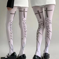 Cyflymder  White Punk Vintage Letter Print Long Socks Harajuku OverKnee Thigh High Stockings Cosplay Cute Graffiti Sock y2K Subculture