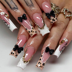 Cyflymder  24Pcs Long Square Press on Fake Nails French Leopard Print Detachable False Nails 3D Bow Flower Rhinestone Full Cover Nails Tips