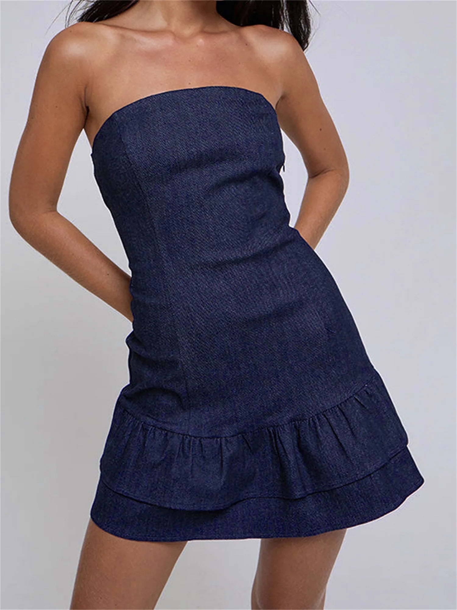 Cyflymder  Ladies Stylish Sleeveless Bandeau Dress with Off Shoulder Design in Solid Color Denim Fabric Perfect for Summer Beach Outings