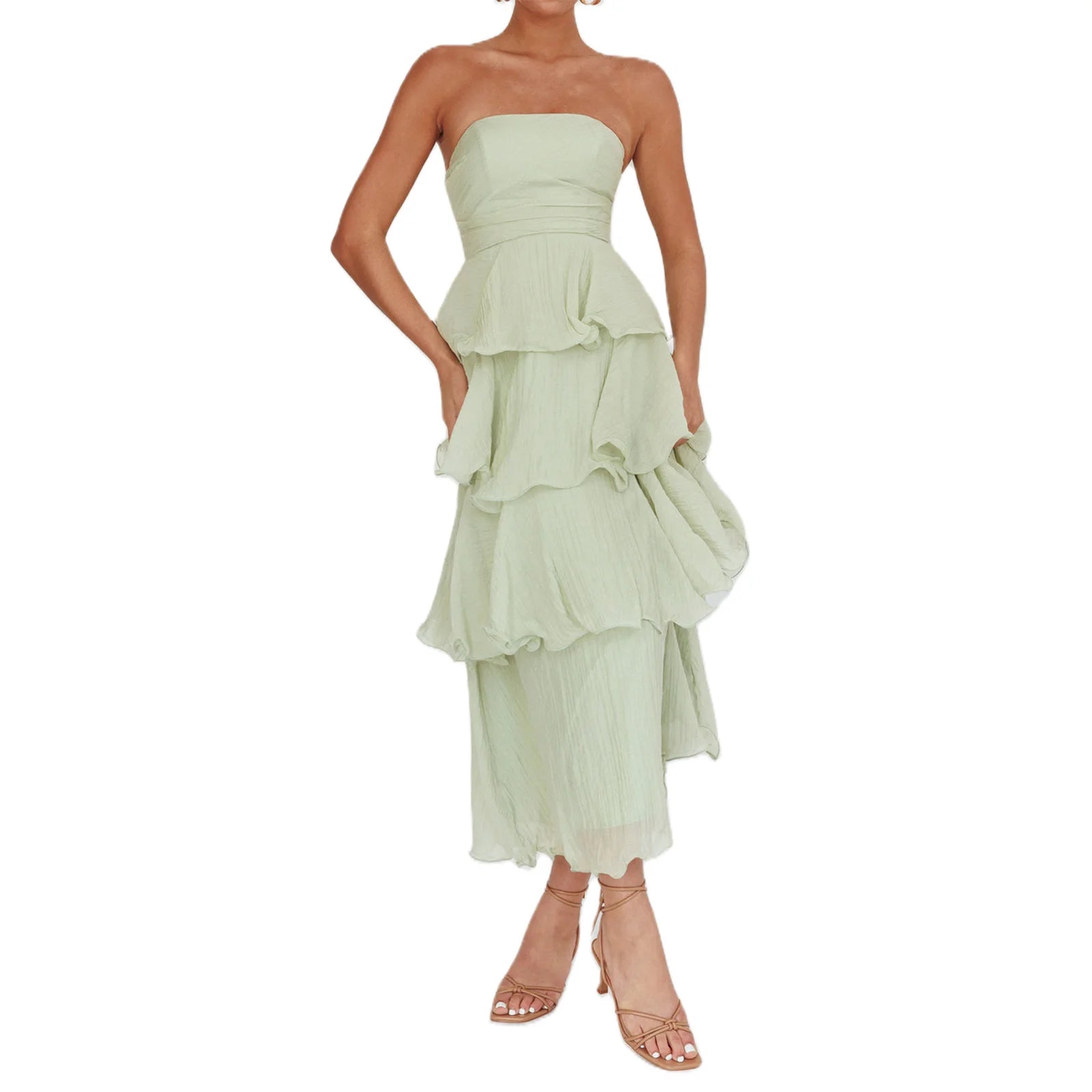 Cyflymder  Ruffled Tube Top Long Dress for Women Summer Solid Color Backless Strapless Sleeveless Tiered Cake Dress