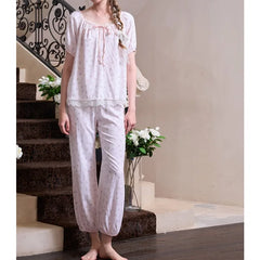 Cyflymder   Spring and Summer Little Fresh Girl Printed Pajamas Breathable Cotton and Silk Bubble Sleeves Bloomers Loungewear Set