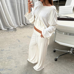 Cyflymder  y2k Pants Set Women Fall Clothes Solid Color Long Sleeve Loose Fit Hoodie and Drawstring Pants with Pockets Activewear