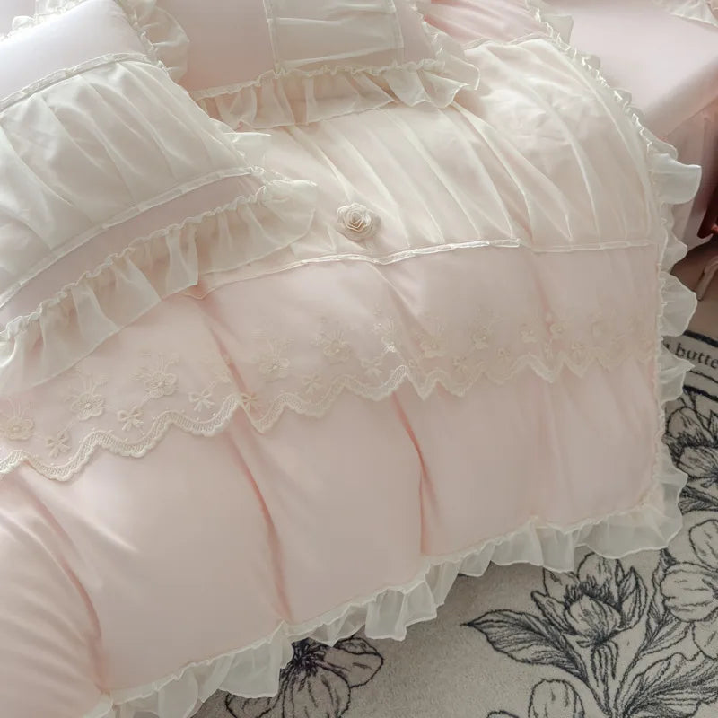 Cyflymder  Luxury Solid Color Bed Skirt Bedding Sets with Lace Silky Breathable Bedclothes for Home All Seasons Single Double Bedspread Kit